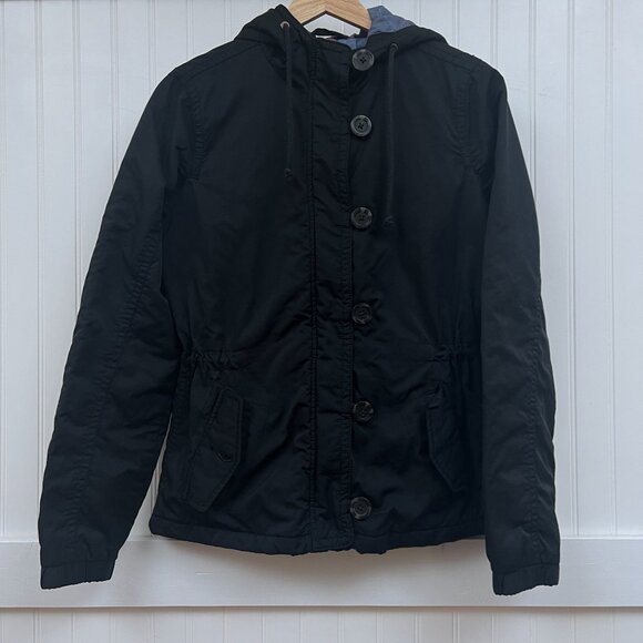 American Eagle Black Hooded Jacket Women's Medium Button Front Winter Coat - Picture 2 of 7